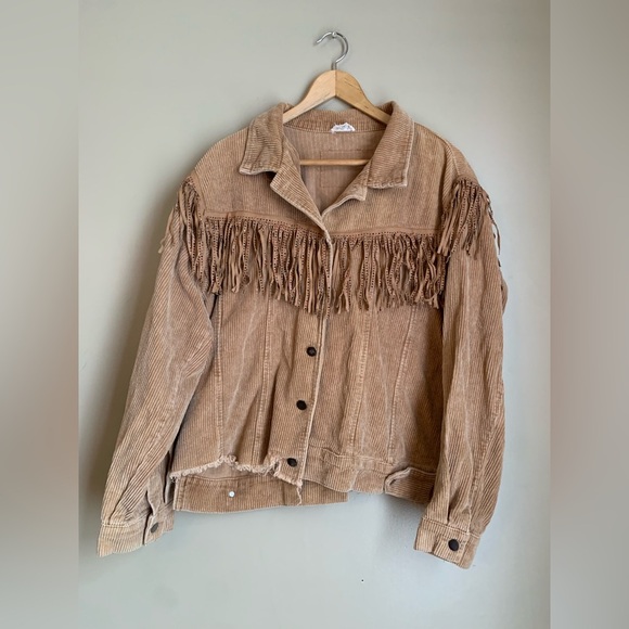 POL tan Rough Fringe Corduroy Jacket studded coat distressed boho coastal - Picture 1 of 11